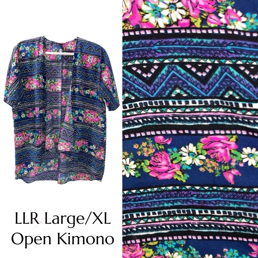 LuLaRoe L/XL open front short sleeve floral kimono EUC 15136